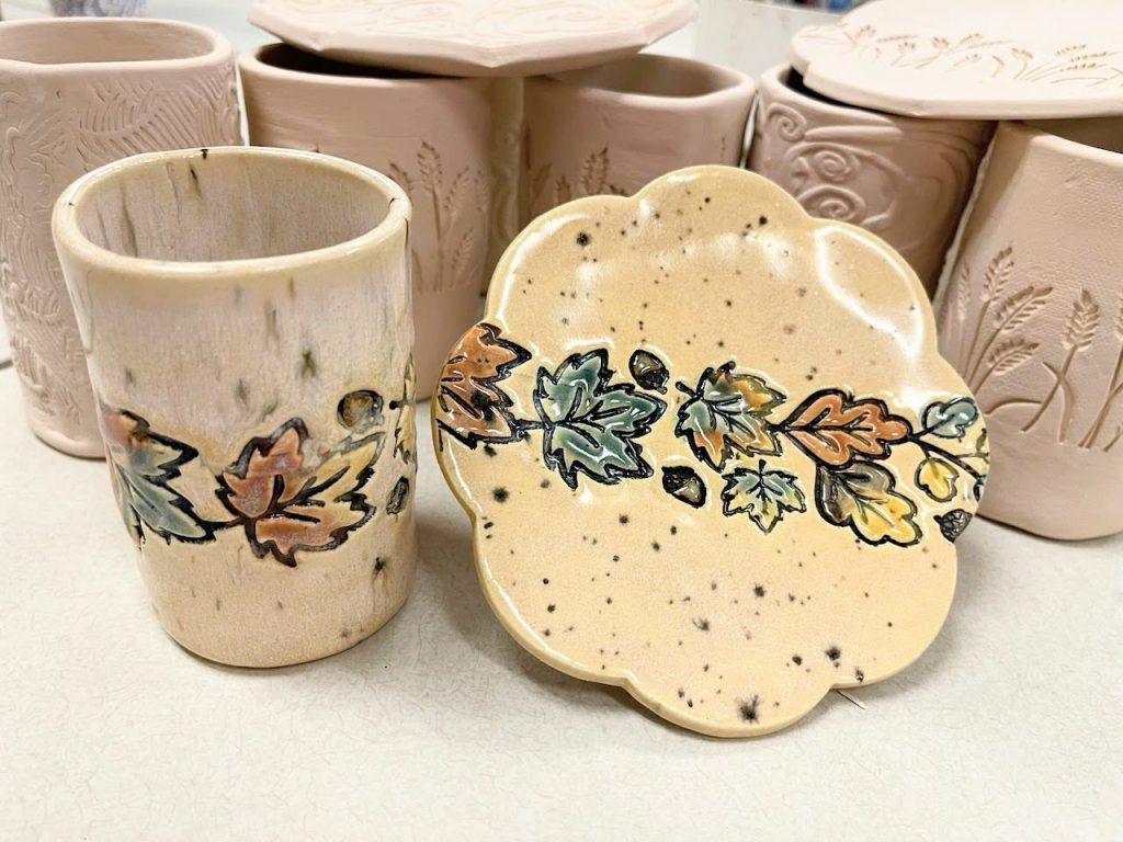 Glazed botanical maple and acorn cup and saucer